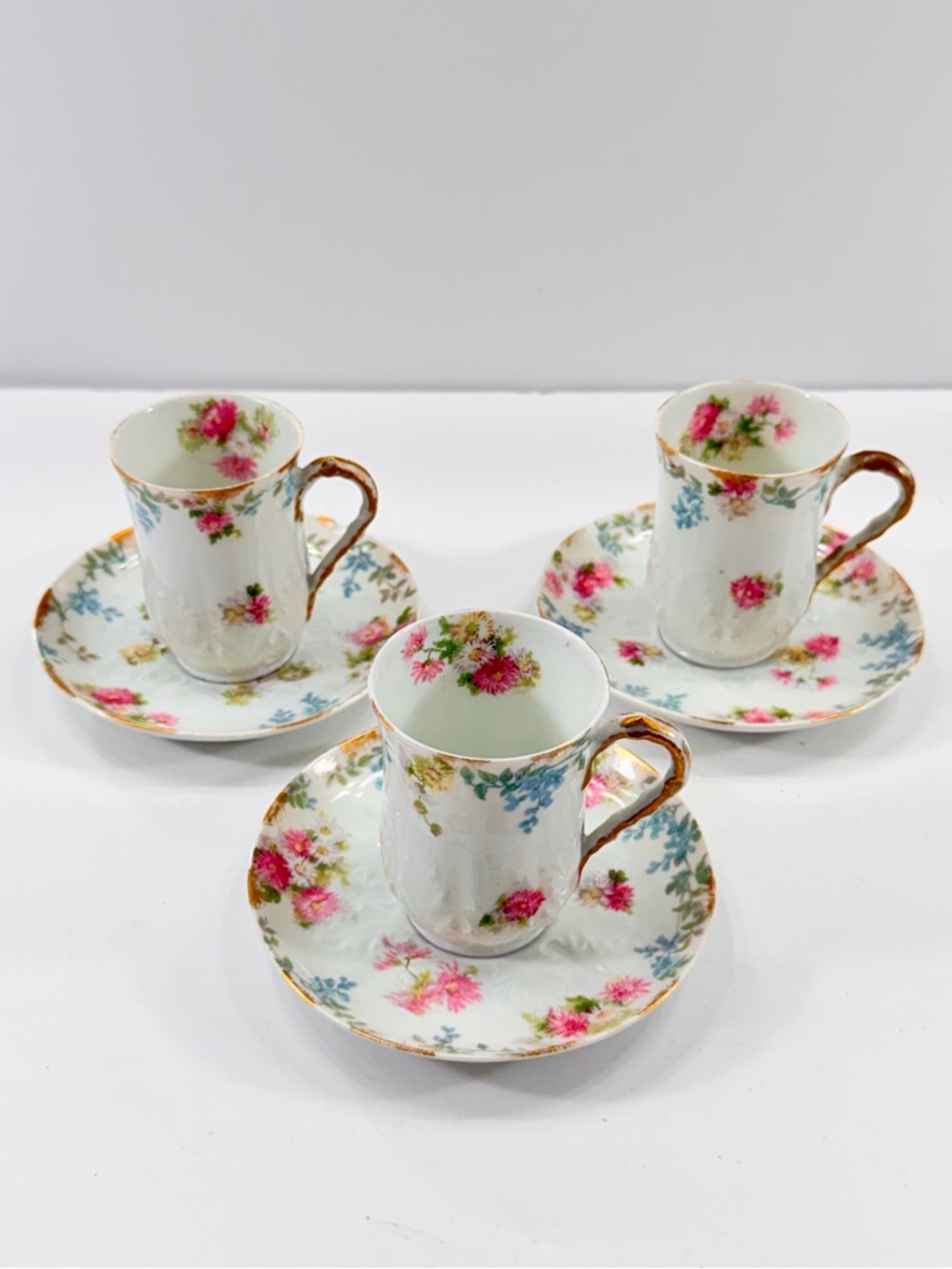 CH Field Haviland Limoges Porcelain Demitasse Cups & Saucers, 3 Sets Flowers Vtg